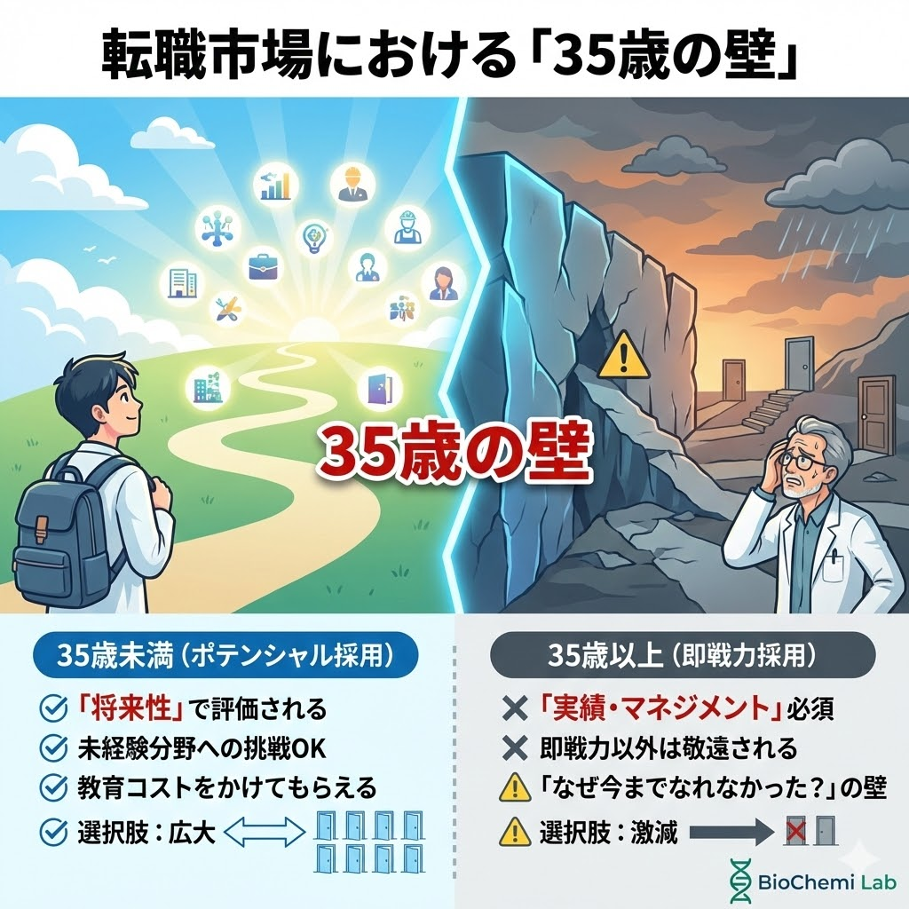 35歳を境にした転職市場の評価の違い。35歳未満は将来性で評価され選択肢が広いが、35歳以上は即戦力が求められ選択肢が激減する。