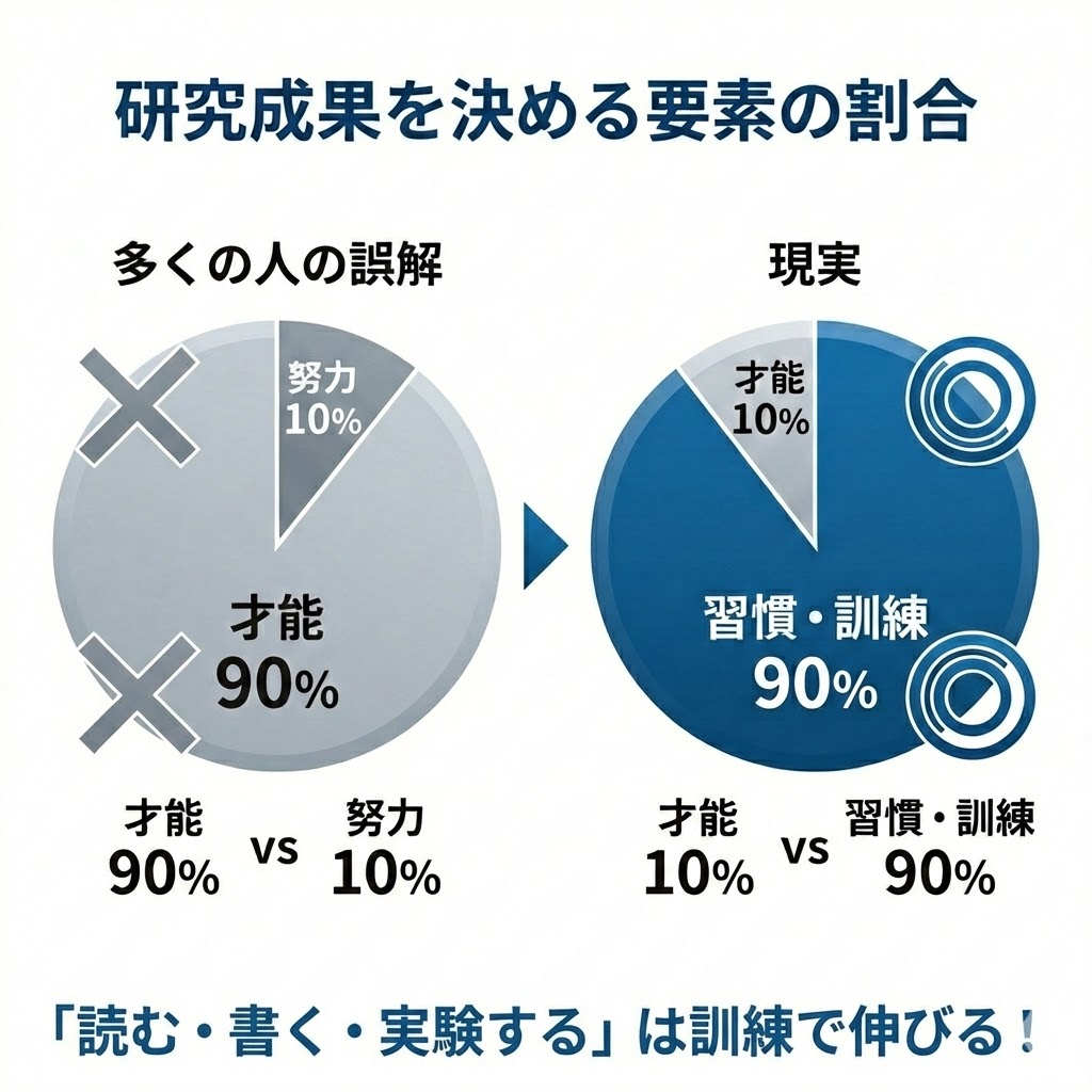 研究成果における才能と習慣の割合比較。才能よりも後天的な習慣や訓練が9割を占めることを図解