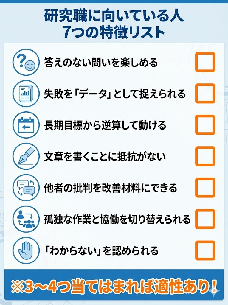 研究職の適性チェックリスト7選。答えのない問いを楽しめるか、失敗をデータと捉えられるかなど