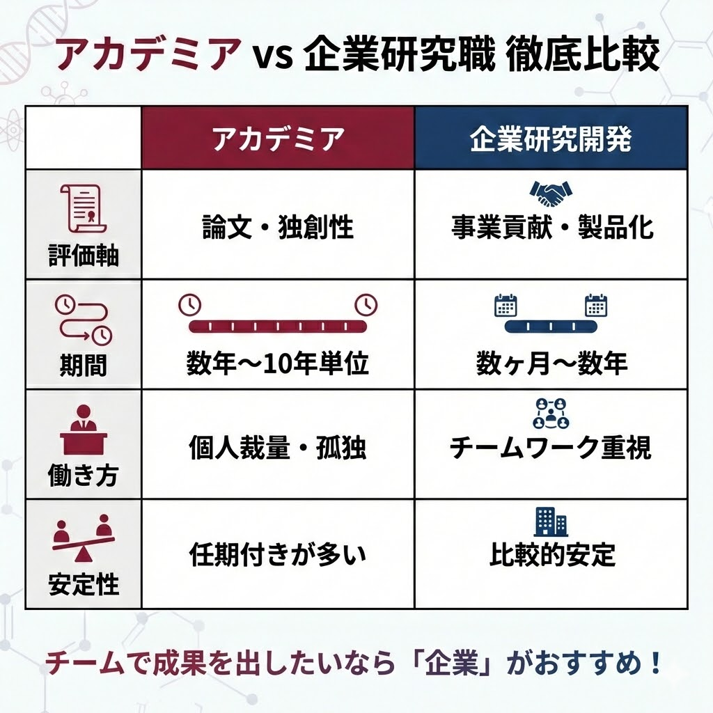 アカデミアと企業研究開発職の違い比較表。評価軸、プロジェクト期間、働き方、安定性の違いを解説