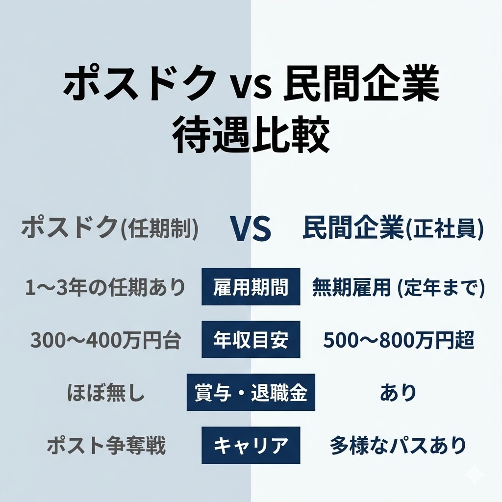 ポスドクと民間企業の待遇比較表。民間企業は無期雇用、年収アップ、賞与・退職金ありと、安定性と経済面で優位性がある