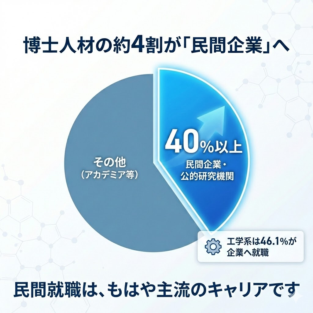 博士人材の進路データ。約4割が民間企業へ就職しており、工学系では半数近くに達する現状を図解