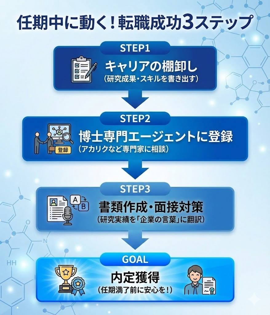 ポスドクの転職活動3ステップ。キャリアの棚卸し、博士専門エージェントへの登録、書類・面接対策を経て内定を目指すフロー