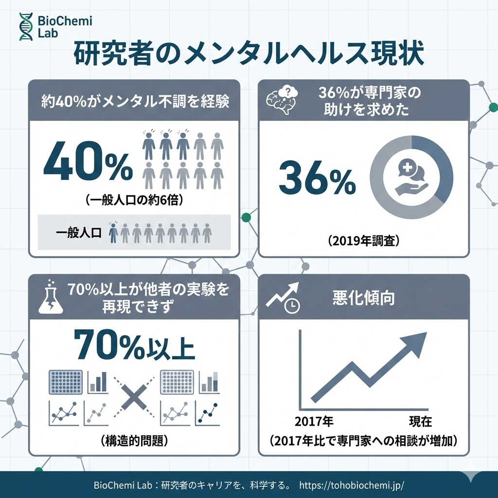 研究者のメンタルヘルスに関する調査データ。約4割が不安を経験しており、一般人口の6倍にのぼることを示す図解