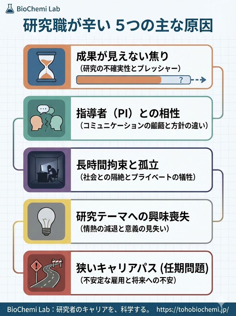研究職が辛いと感じる5つの主な原因。成果の不透明さ、PIとの関係、孤立、興味喪失、将来不安をリスト化