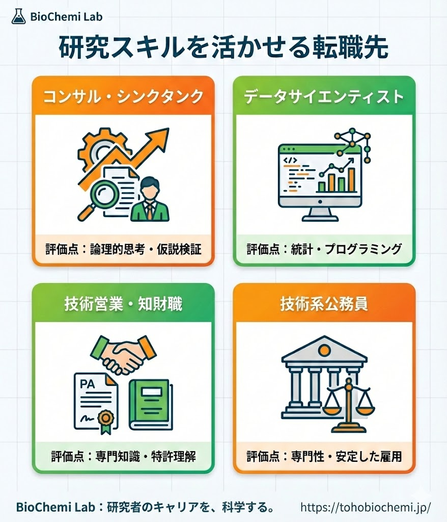 研究職からの主な転職先4選。コンサル、データサイエンティスト、技術営業、公務員とそれぞれの評価ポイントを記載