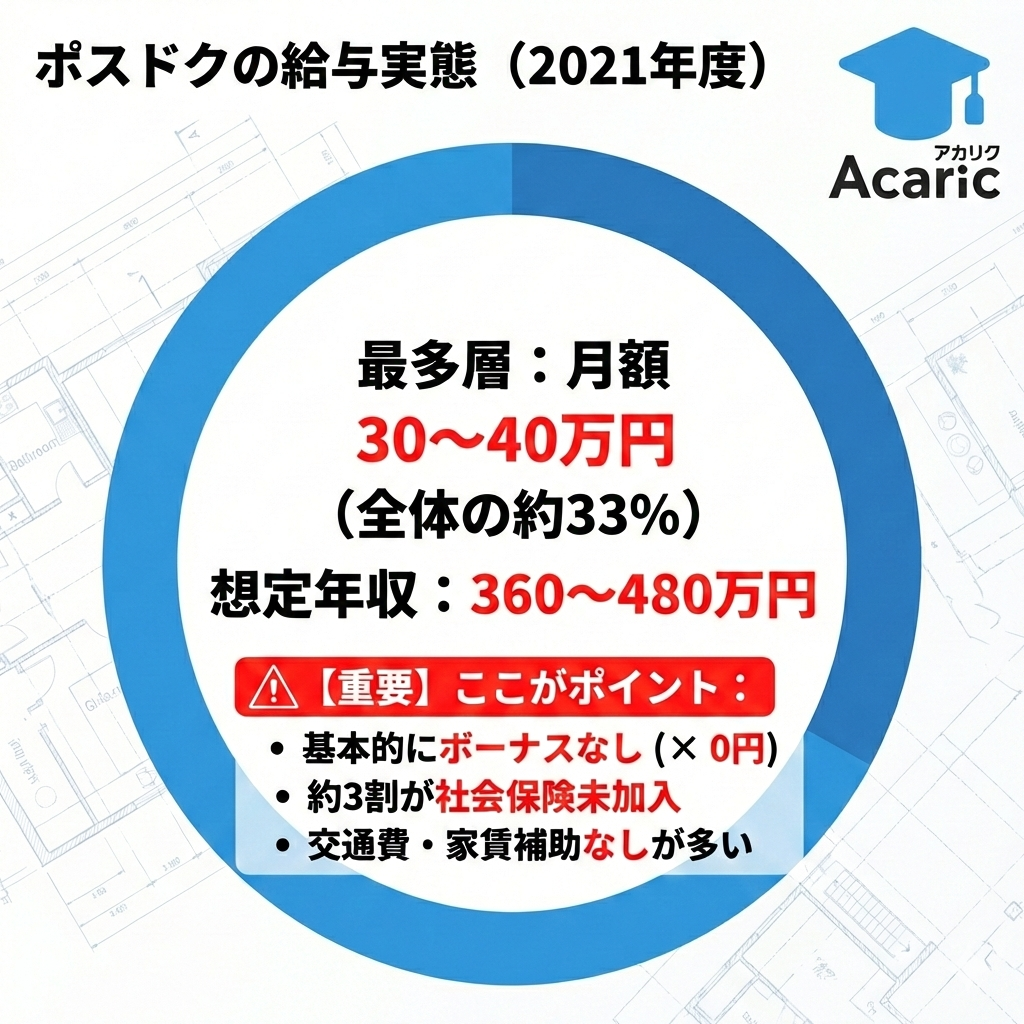 ポスドクの給与実態グラフ。月額30〜40万円が最多だが、ボーナスなし・社会保険未加入のリスクがあることを図解。