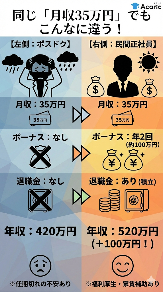ポスドクと民間正社員の年収比較図。同じ月収でもボーナスの有無により年収で100万円以上の差がつくことを比較。