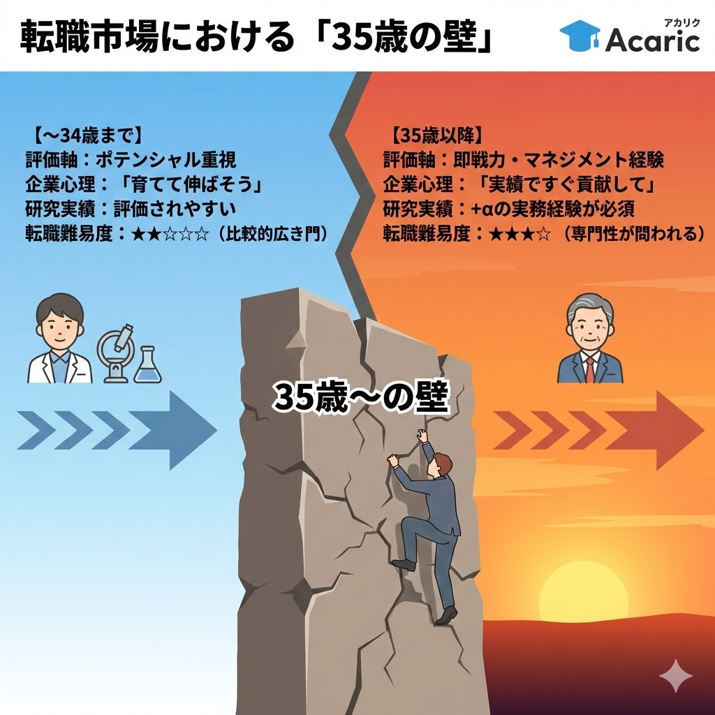 転職市場における35歳の壁。34歳まではポテンシャル採用だが、35歳以降は即戦力が求められ難易度が上がる仕組みを図解。
