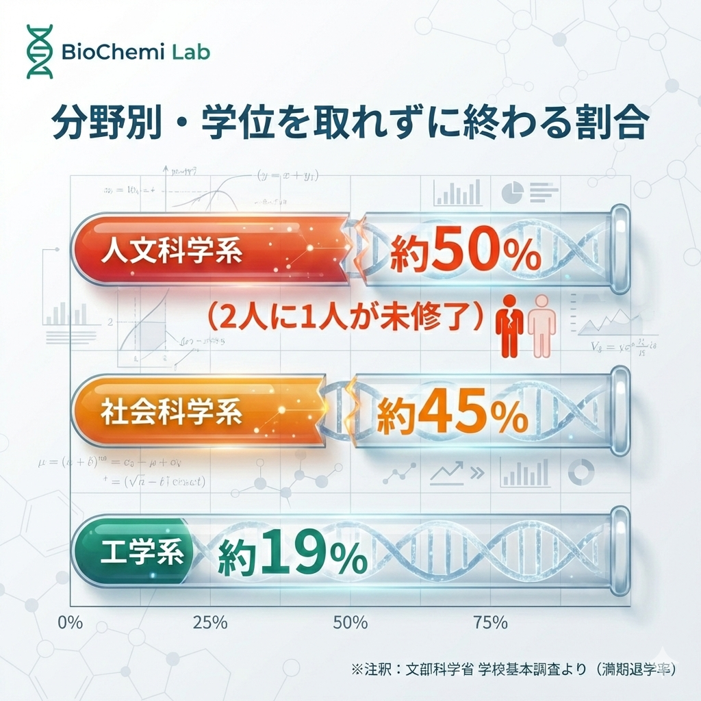 分野別の博士課程未修了率グラフ。人文科学系は約50%、社会科学系は約45%、工学系は約19%が学位未取得。