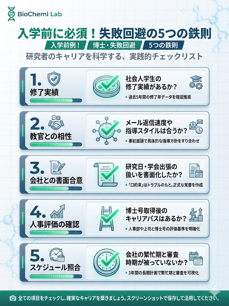 社会人博士進学前のチェックリスト5項目。修了実績、教官との相性、会社との書面合意、人事評価、スケジュールの確認。