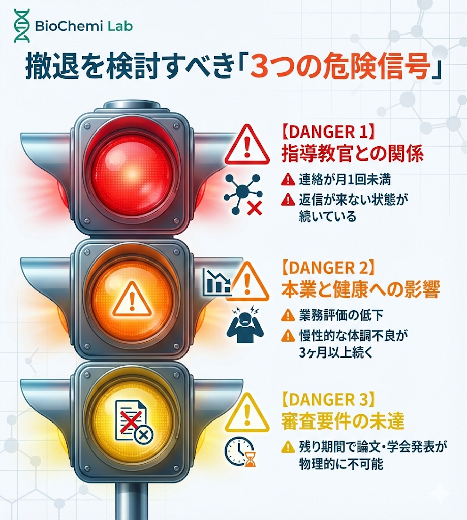 博士課程撤退の判断基準3つ。教官との連絡途絶、本業や健康への長期的支障、審査要件の未達。