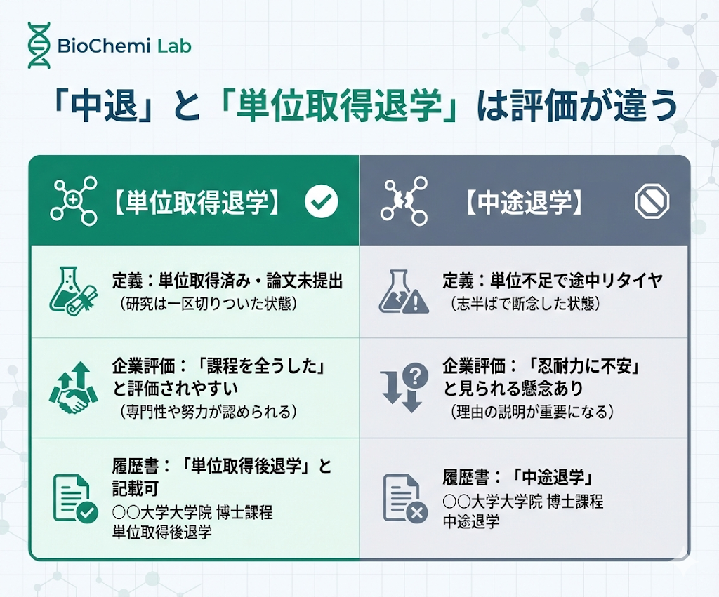 単位取得退学と中途退学の違い比較表。単位取得退学は企業から一定の評価を得られやすい。