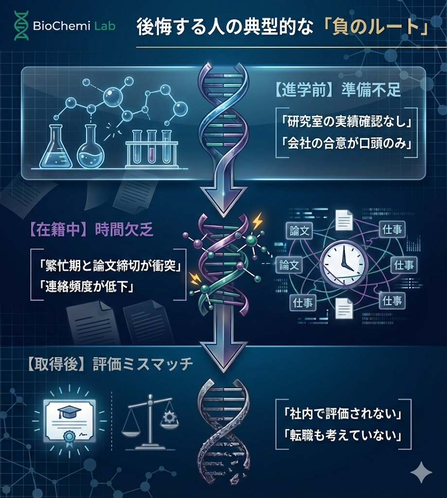 社会人博士で後悔する3つの時系列パターン。進学前の準備不足、在籍中の時間欠乏、取得後の評価ミスマッチを図解。