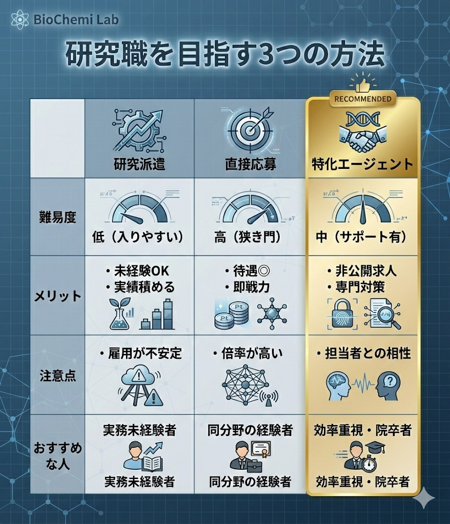 研究派遣、直接応募、特化エージェントの比較表。難易度やメリットを比較し、特化エージェントの利用を推奨。