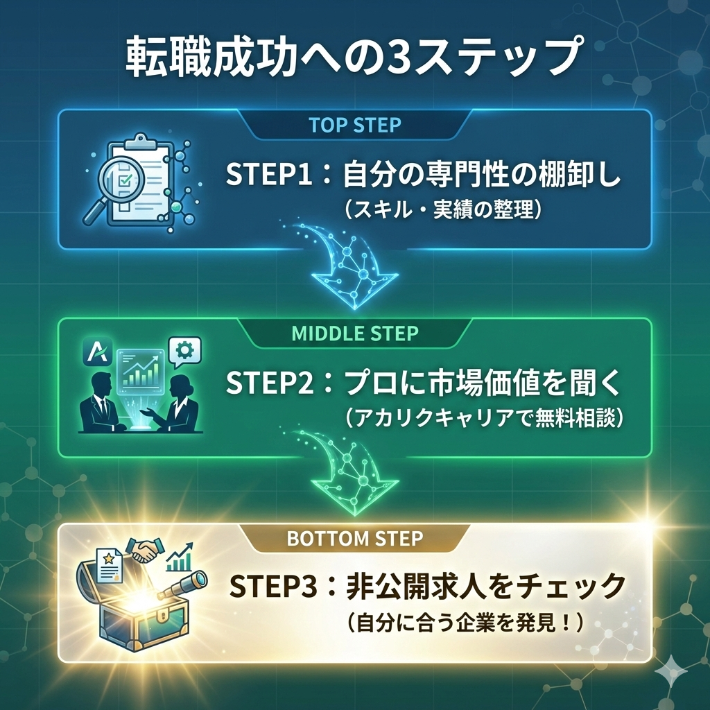 研究職転職を成功させる3ステップ。専門性の棚卸し、エージェントへの相談、非公開求人の確認という流れを図解。