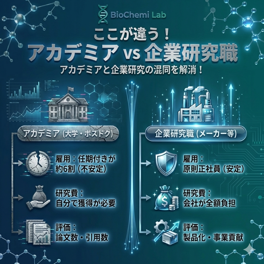 アカデミアと企業研究職の比較図。雇用形態、研究費の出所、評価基準の違いを一覧で解説。