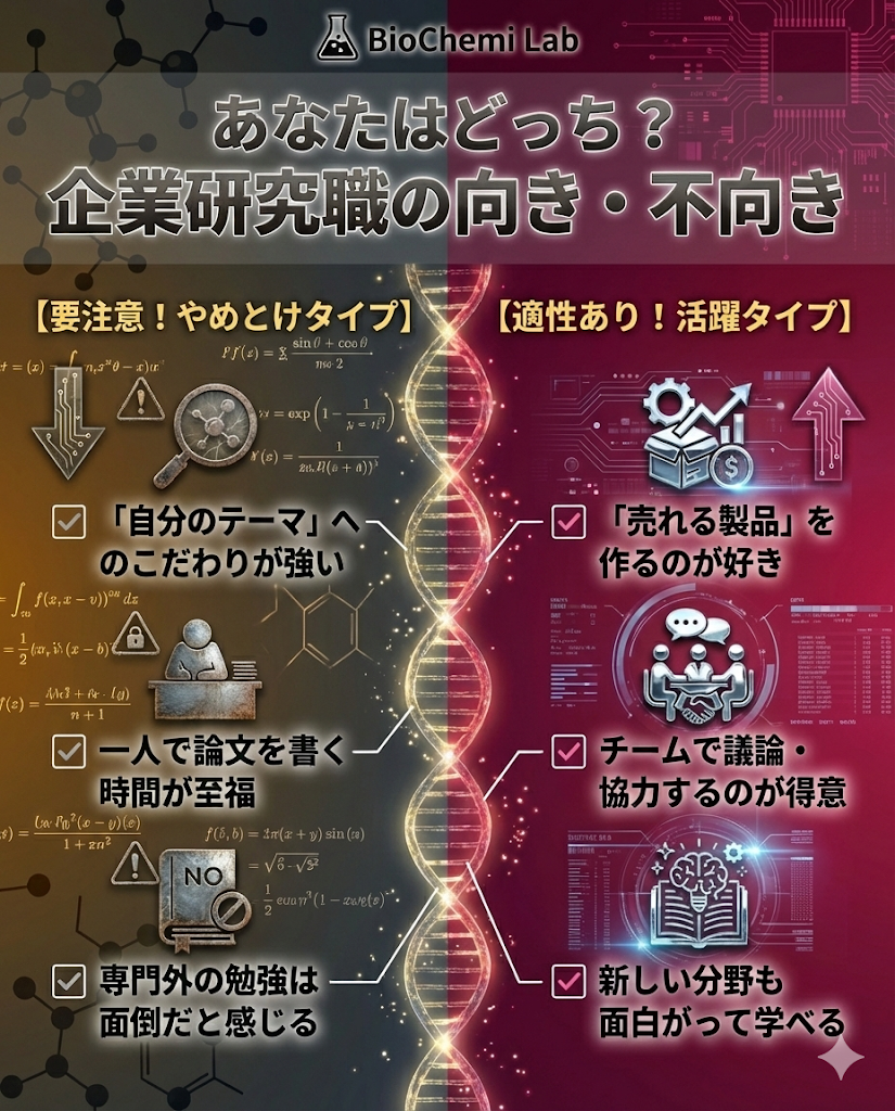企業研究職に向いている人と向いていない人の特徴チェックリスト。こだわり派か柔軟派かで適性を判断。