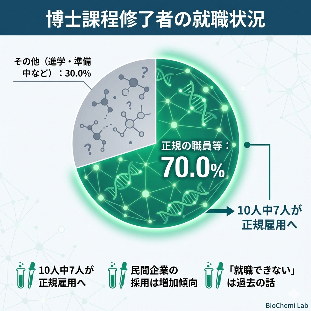 博士課程修了者の就職率は70.0%。10人中7人が正規の職員として就職しており、民間企業への就職者数も増加傾向にあることを示すグラフ。