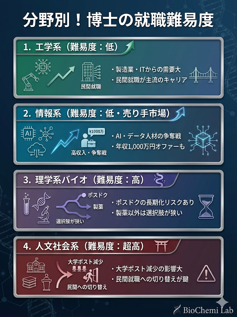 博士課程の分野別就職難易度。工学・情報系は需要が高く有利だが、バイオ・人文社会系は厳しいため早めの対策が必要。