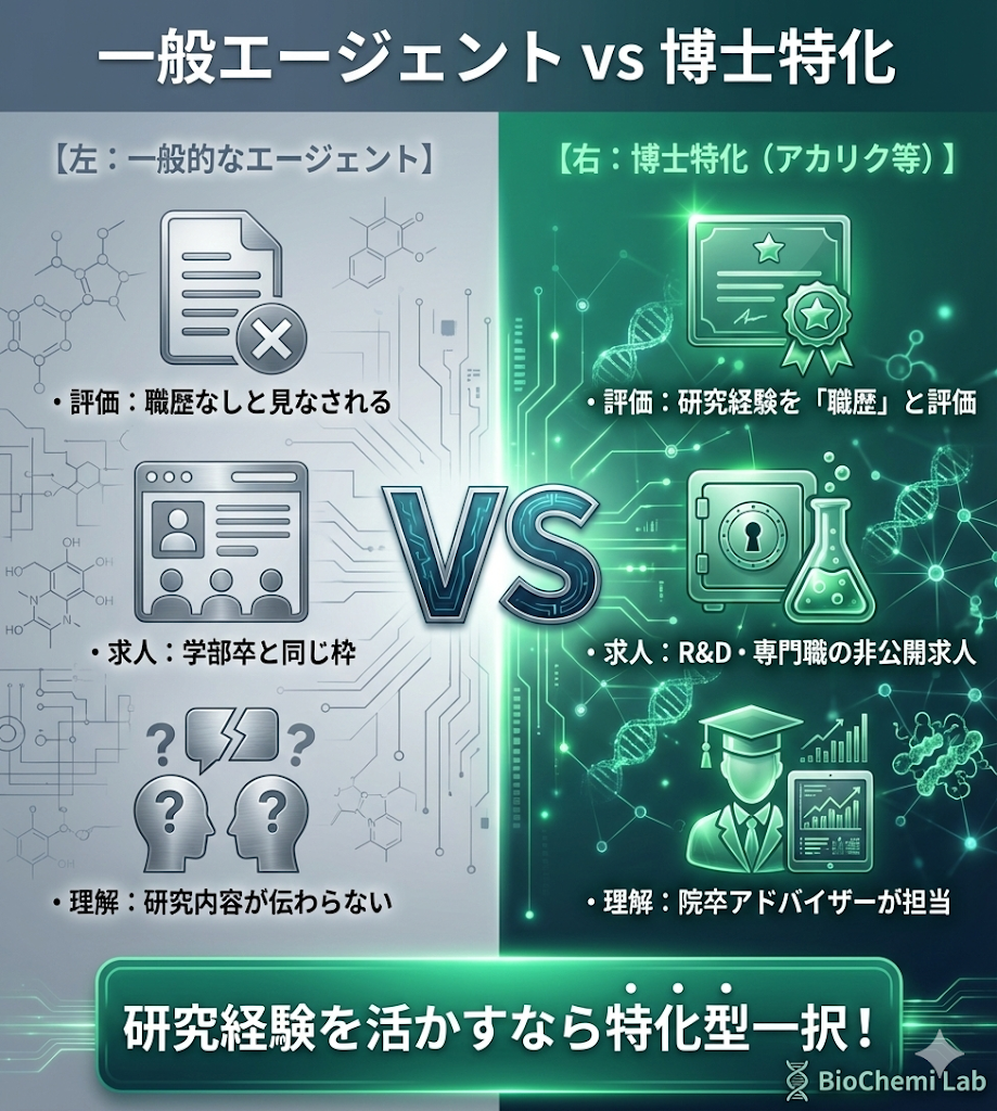 一般的な転職エージェントと博士特化型エージェントの比較。博士特化型なら研究経験が正当に評価され、専門性を活かせる求人の紹介が受けられる。