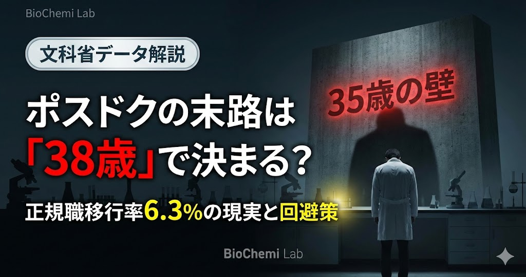 ポスドクの末路解説記事のアイキャッチ。平均年齢38歳、正規職移行率6.3%という厳しい現実と、それを回避するためのキャリア戦略を解説。