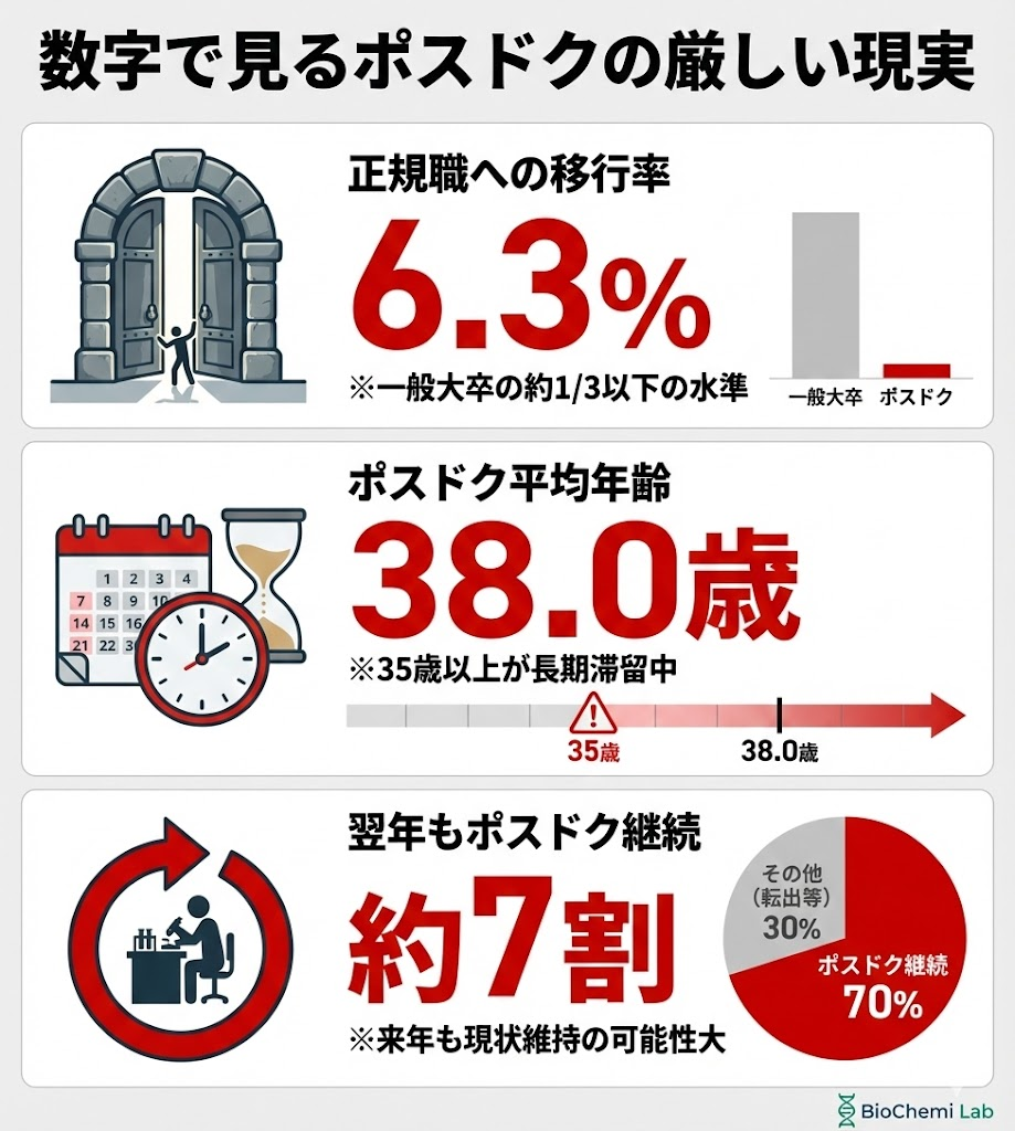 ポスドクの現実を示す統計データ。正規職への移行率はわずか6.3%、平均年齢は38.0歳、約7割が翌年もポスドクを継続している現状。