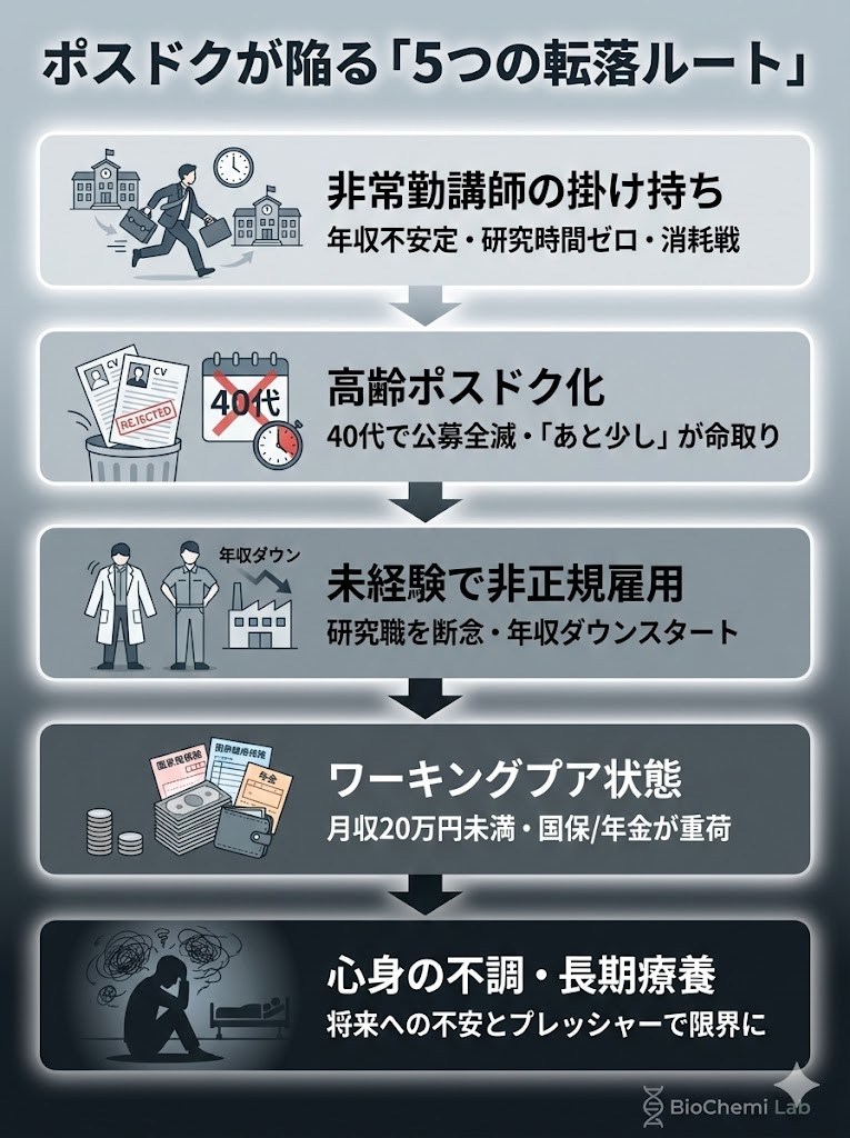 ポスドクの5つの転落パターン。非常勤講師の掛け持ち、高齢ポスドク化、未経験非正規、ワーキングプア、心身の不調による療養。