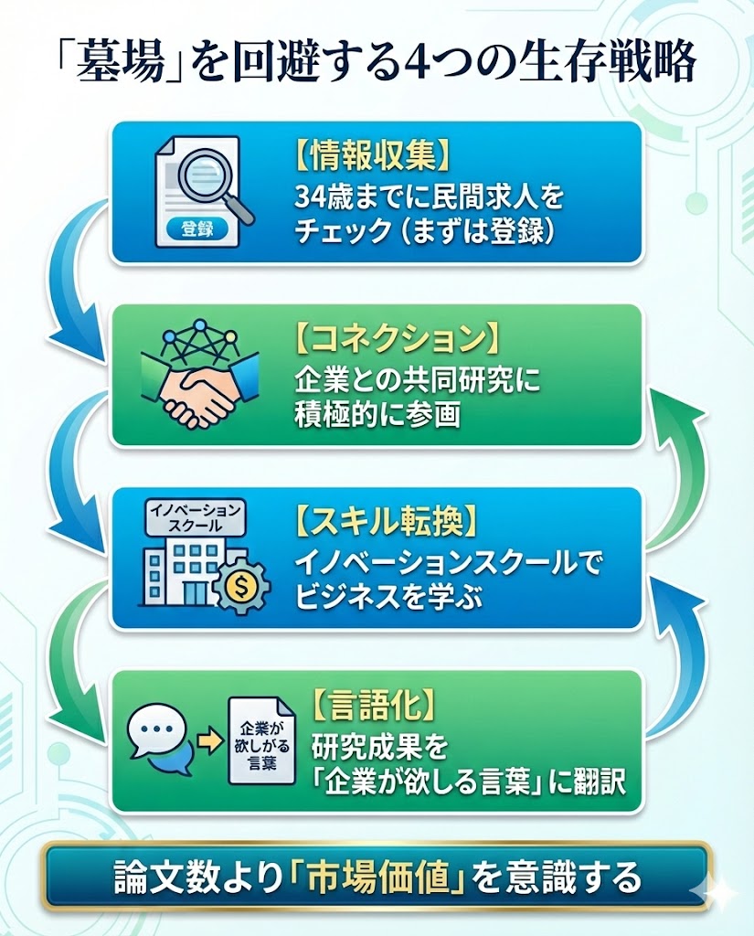 産総研ポスドクが墓場を回避するための4つのアクション。民間転職の準備、共同研究、スキル習得、経験の言語化