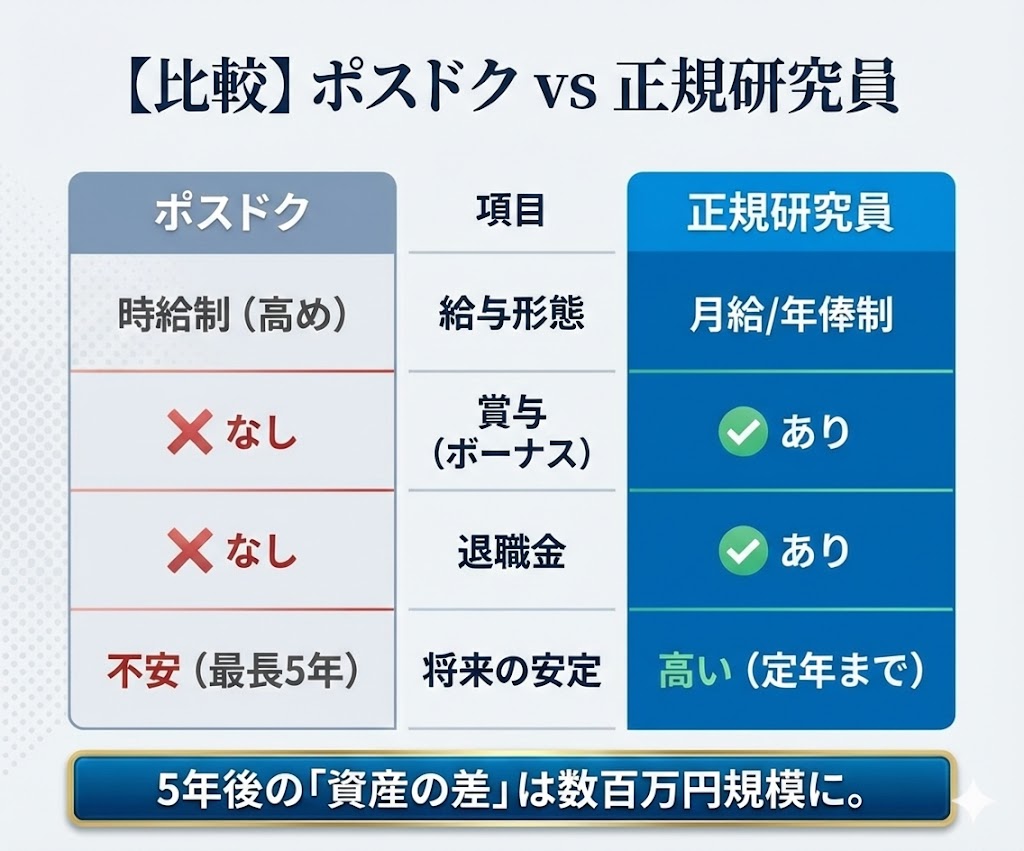 産総研ポスドクと正規研究員の待遇比較表。賞与・退職金の有無による長期的な格差を明示。