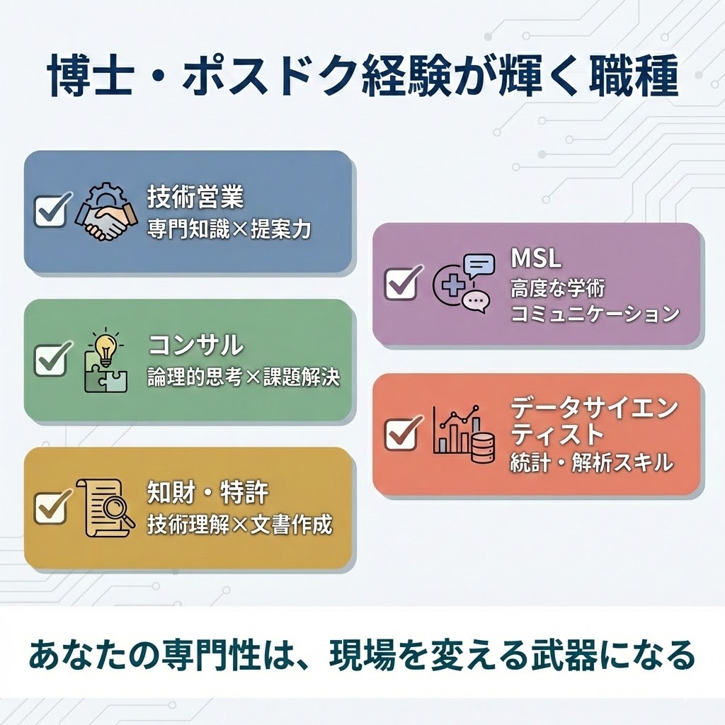 研究者の経験が活かせる民間職種のリスト。技術営業、コンサル、特許、MSL、データサイエンティストなど