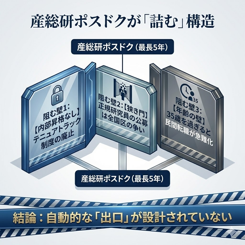 産総研ポスドク（特別研究員）が墓場と呼ばれる理由とキャリア回避策を解説するアイキャッチ画像