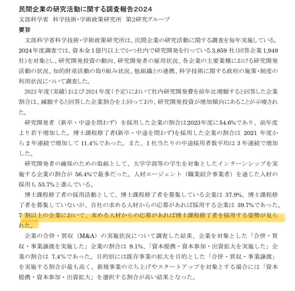 NISTEP調査報告2024 民間企業の博士課程修了者採用意欲に関するデータ