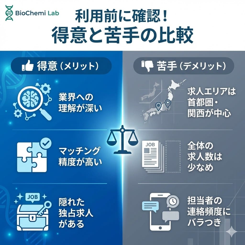RD REALIZEのメリットとデメリットの比較。業界理解やマッチング精度が高い一方、エリア限定や求人数が少ない点に注意。