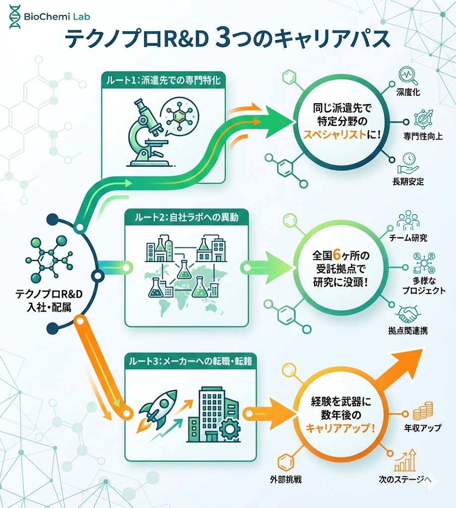 テクノプロR&Dの3つのキャリアパス。派遣先での専門特化、自社ラボへの異動、メーカー直接雇用への転籍・転職。