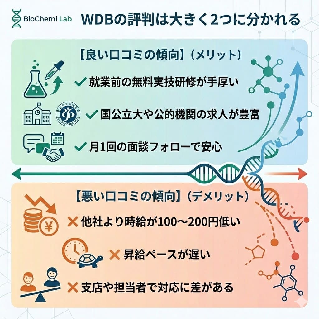 WDBの良い評判と悪い評判の比較。研修や求人の質が良い反面、時給の低さや対応のばらつきが指摘されていることを図解。