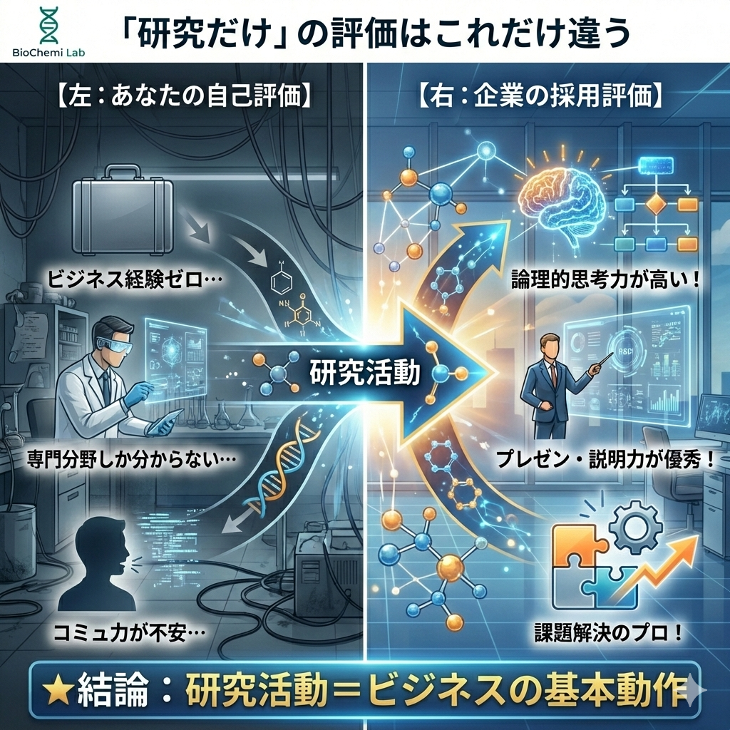 研究者の自己評価と企業の評価のギャップ。ビジネス経験がないという不安に対し、企業は論理的思考力やプレゼン力を高く評価している。