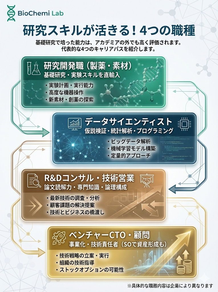 理研出身者が活躍できる4つの職種。研究開発職、データサイエンティスト、コンサルタント、ベンチャーCTOなど幅広い選択肢がある。