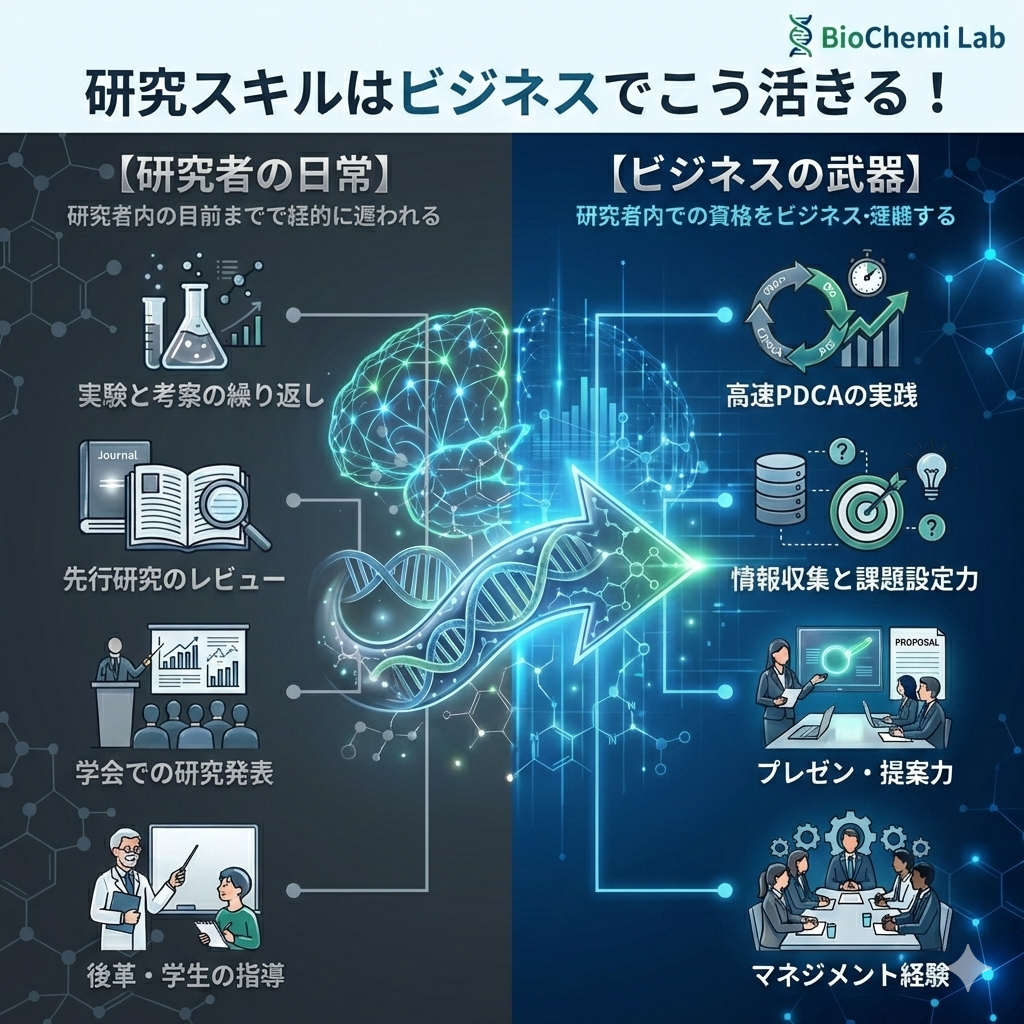 研究スキルとビジネススキルの変換図。実験はPDCA、先行研究レビューは課題設定力、学会発表はプレゼン力、指導はマネジメント経験としてアピール可能。
