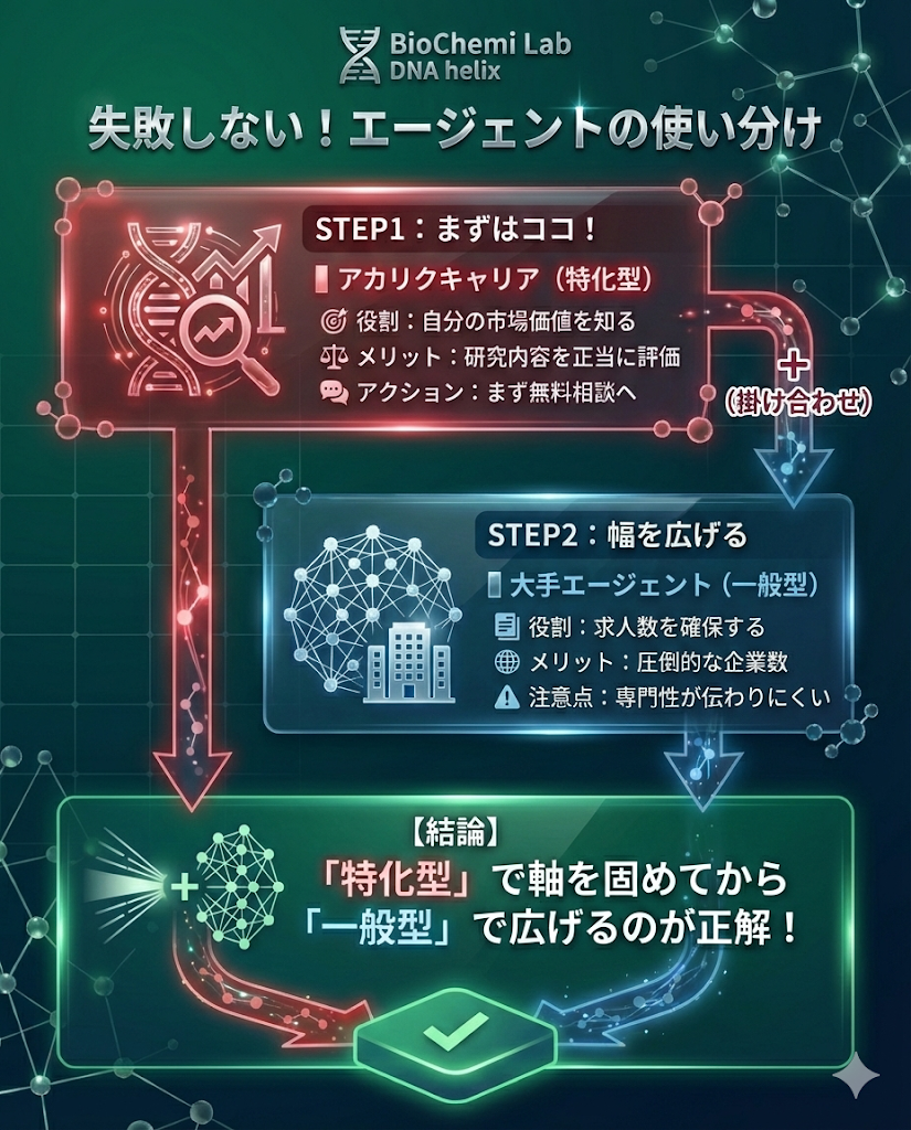 転職エージェントの賢い使い分け。まずは研究者特化のアカリクキャリアで市場価値を把握し、その後に大手一般エージェントで求人の幅を広げる手順を推奨。