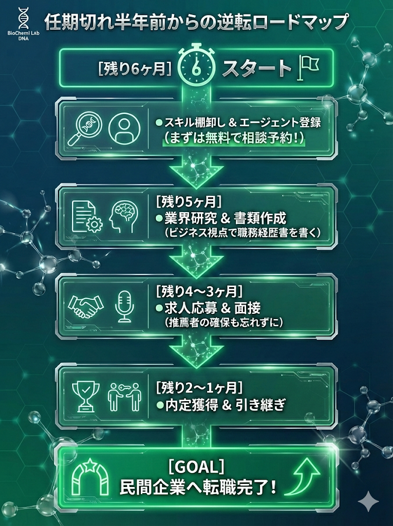 任期切れ半年前からの転職活動ロードマップ。最初の1ヶ月でスキル棚卸しとエージェント登録を行えば、十分に内定獲得まで間に合うスケジュールを図解。