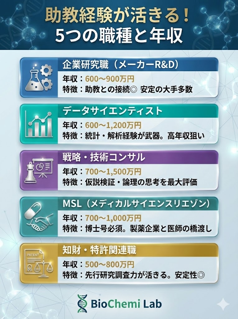 助教経験者が狙える5つの職種（企業研究職、データサイエンティスト、コンサル、MSL、知財）とそれぞれの年収レンジ一覧。