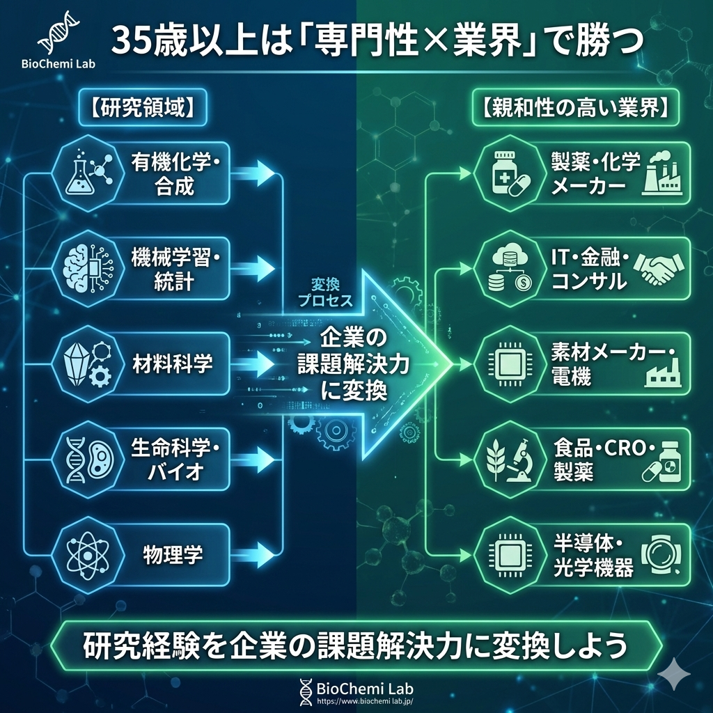 35歳以上の転職戦略。有機化学なら製薬メーカー、機械学習ならITなど、研究領域と親和性の高い業界のマッチング例を図解。