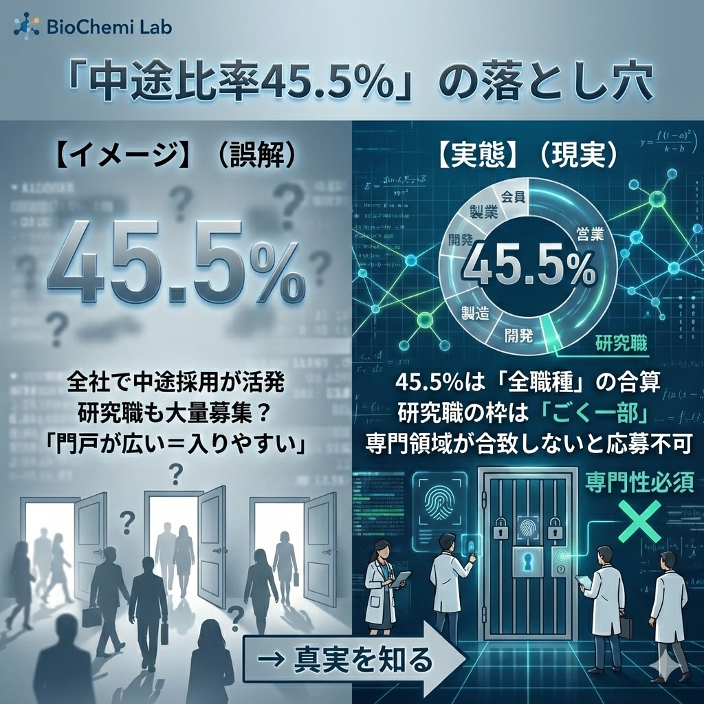 中外製薬の中途採用比率45.5%の内訳解説。全社的な数字であり、研究職の募集枠は限定的であることを図解。