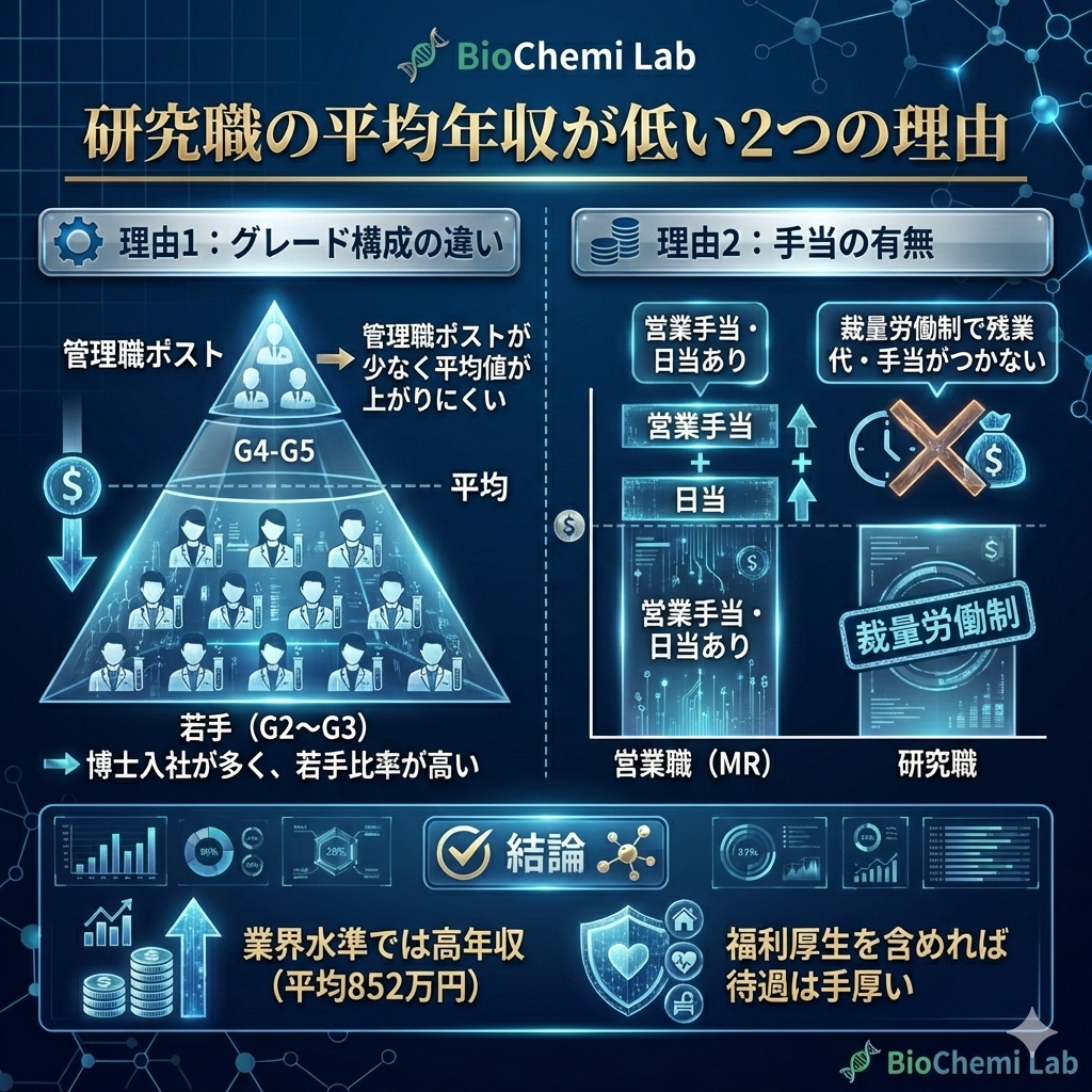 中外製薬の研究職の平均年収が社内で低い理由。グレード構成の若さと営業手当の有無が平均値を下げている構造を図解。