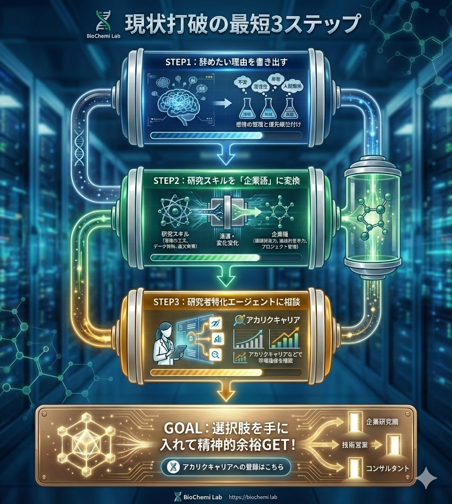 ポスドクが現状を変えるための3ステップ。理由の書き出し、スキルの言語化、研究者特化エージェントへの相談で、キャリアの選択肢を広げる流れ。