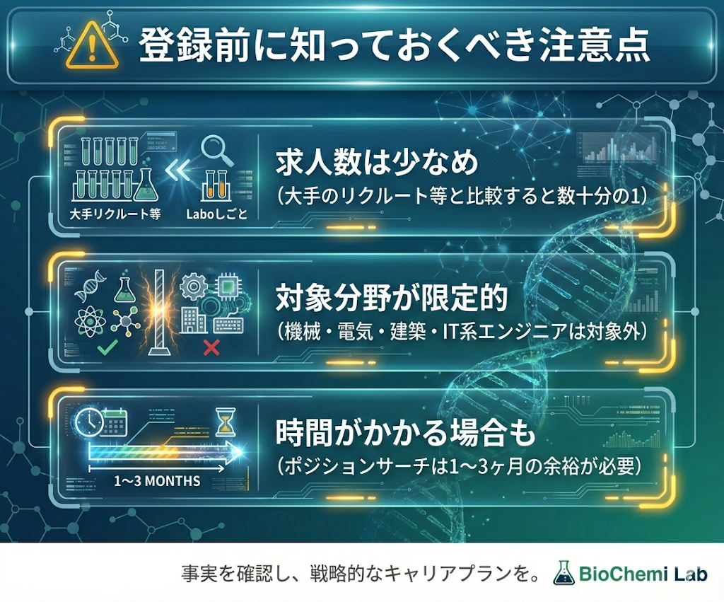Laboしごとの3つのデメリット。求人数の少なさ、対象分野の限定、ポジションサーチにかかる期間について図解。