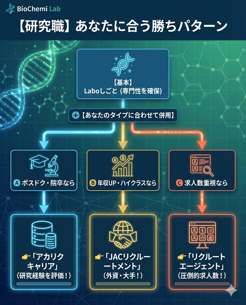 研究職の転職エージェント併用戦略。Laboしごとを軸に、ポスドクならアカリク、年収アップならJAC、求人数ならリクルートエージェントとの併用を推奨。