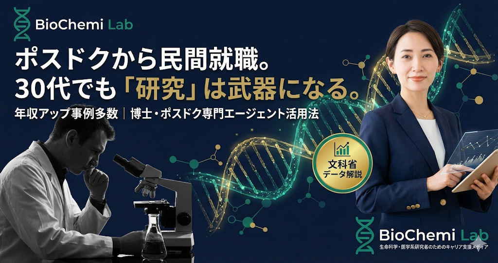 ポスドクから民間企業への就職解説記事アイキャッチ。30代でも研究経験を武器にキャリアアップが可能であることを訴求。
