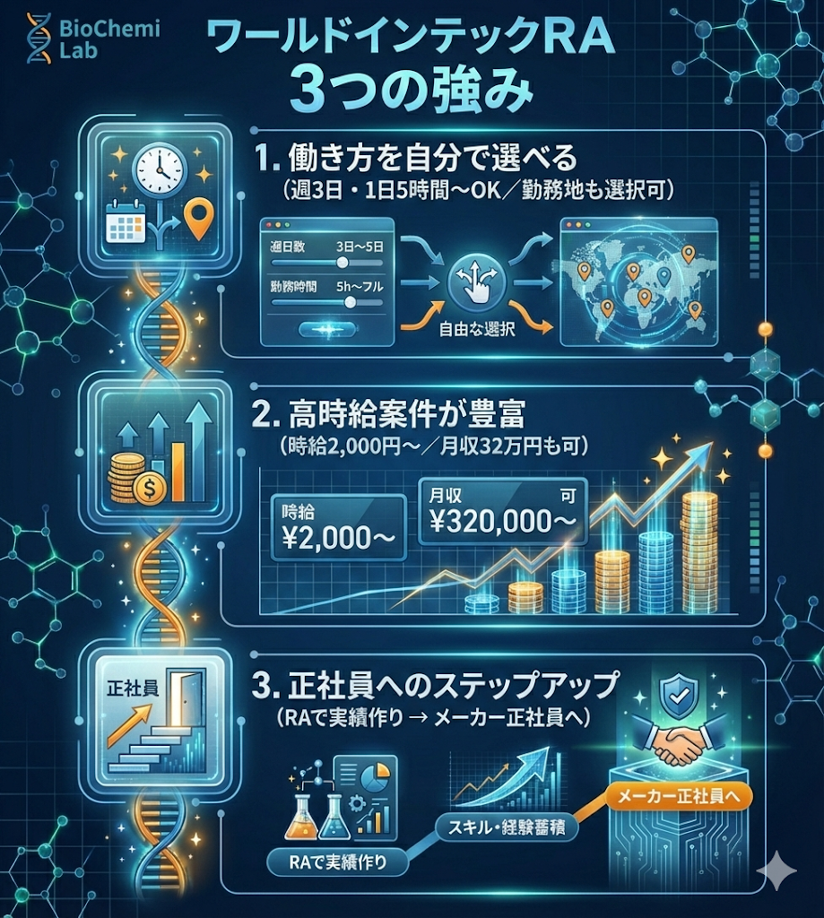 ワールドインテックRAの3つのメリット。働き方が選べる、時給2,000円以上の高時給、正社員へのステップアップが可能であることを図解。